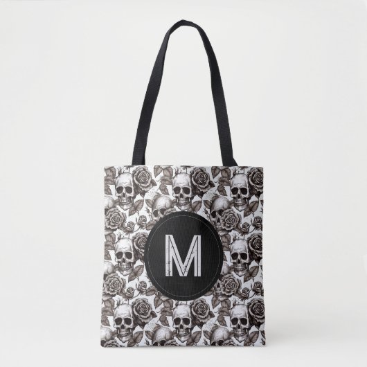モノグラム フラワー スカル 黒 白 ハロウィン トートバッグ (正面)
