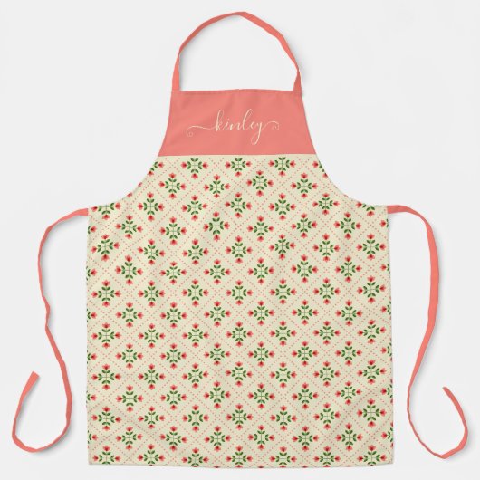 モノグラム|フローラピンク&グリーンキルトフォークアート エプロン (正面)