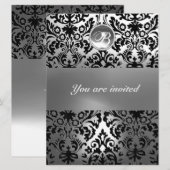 モノグラム ブラックアンドホワイト ダマスク ジェム ストーン 招待状 (正面/裏面)