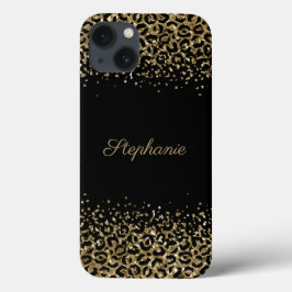 モノグラム ブラックゴールド ヒョウ柄 グリッターオーバーレイ iPhone 13ケース