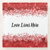 モノグラム – ブラック文字オン白と赤グリッター | ガラスコースター (正面)