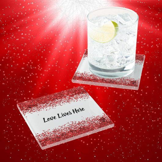 モノグラム – ブラック文字オン白と赤グリッター | ガラスコースター