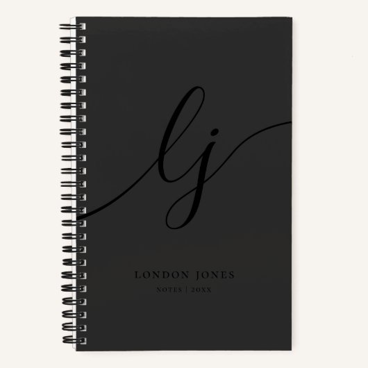 モノグラム ブラック カリグラフィー エレガント スクリプト イニシャル ノートブック (正面)