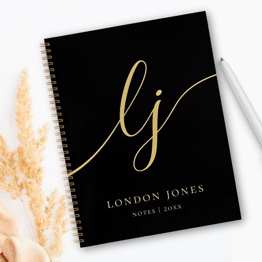 モノグラム ブラック ゴールド カリグラフィー イニシャル2文字 スクリプト ノートブック