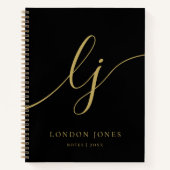モノグラム ブラック ゴールド カリグラフィー イニシャル2文字 スクリプト ノートブック (正面)