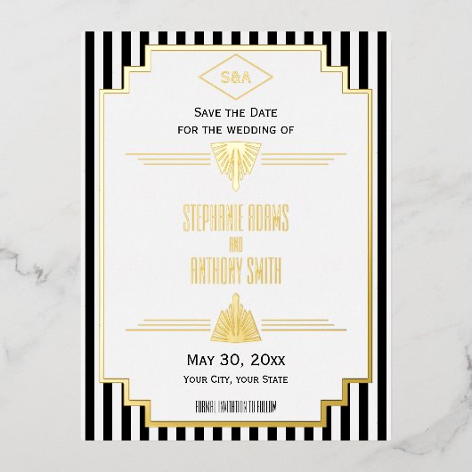 モノグラム ブラック ゴールド ホワイト アートデコ ウェディング 箔招待状ポストカード (正面)