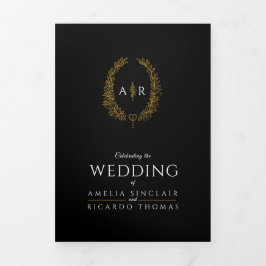 モノグラム ブラック ゴールド リーフ 結婚式 料理 オプション RSVP 三つ折り招待状