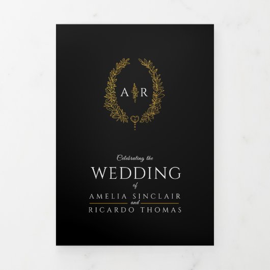 モノグラム ブラック ゴールド リーフ 結婚式 料理 オプション RSVP 三つ折り招待状 (カバー)