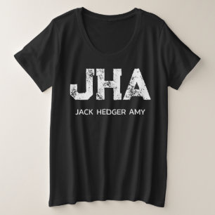 モノグラム ブラック シンプル ホワイト イニシャル 3文字 プラスサイズTシャツ