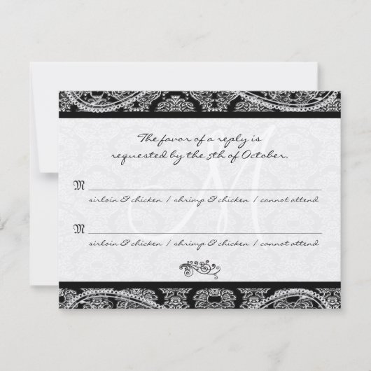 モノグラム ブラック ダマスク 結婚式 返信 RSVP (正面)