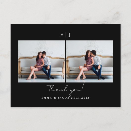 モノグラム ブラック ホワイト ウェディング フォト サンクス ポストカード (正面)