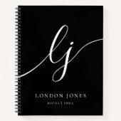 モノグラム ブラック ホワイト カリグラフィー イニシャル2文字 スクリプト ノートブック (正面)