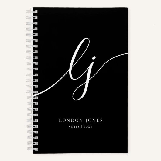 モノグラム ブラック ホワイト カリグラフィー スクリプト 2イニシャル ノートブック (正面)