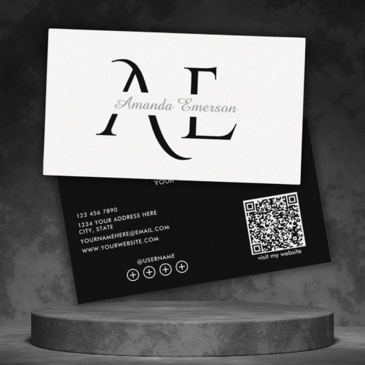 モノグラム ブラック&ホワイト シンプルQRコード 名刺