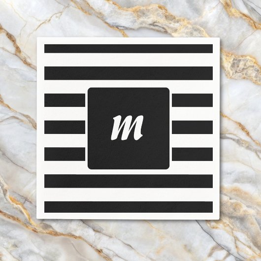 モノグラム ブラック＆ホワイト ストライプ スタンダードカクテルナプキン