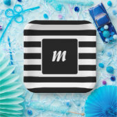 モノグラム ブラック＆ホワイト ストライプ ペーパープレート (パーティー)