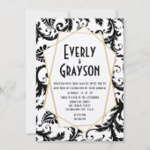 モノグラム ブラック＆ホワイト ダマスク ウェディング 招待状 (正面)
