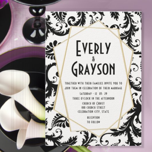 モノグラム ブラック＆ホワイト ダマスク ウェディング 招待状