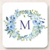 モノグラム ブルー グリーン 花 ボタニカル 水彩画 コースター (正面)