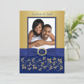 モノグラム ブルー ゴールド フローラル フォト ウェディング 招待状 (スタンド正面)