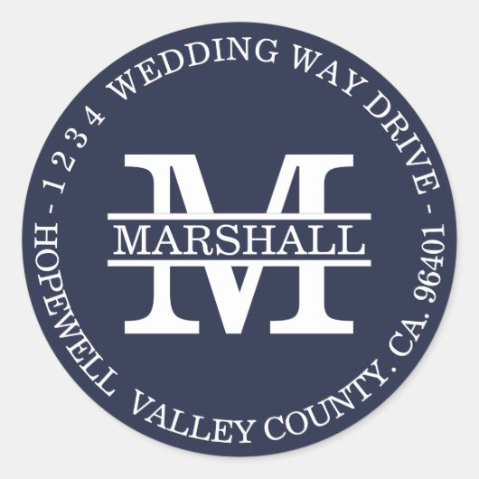 モノグラム ブルー サーキュラー 返信住所ラベル ラウンドシール (正面)