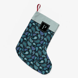 モノグラム ブルー ペイズリー レトロ パターン スモールクリスマスストッキング