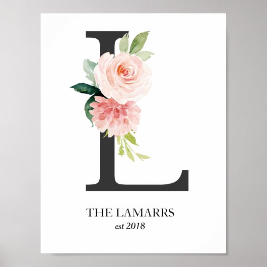 モノグラム プリント, 花のイニシャル L, 結婚式 , 産室 ポスター (正面)
