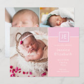 モノグラム ベビーガール フォト ピンク モダン 誕生 案内状 (正面/裏面)