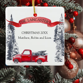 モノグラム、ホリデーヴィンテージレッドトラック、フォレスト セラミックオーナメント