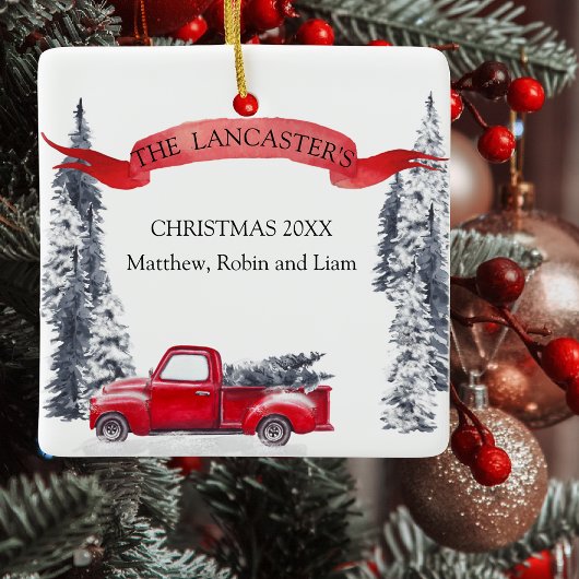 モノグラム、ホリデーヴィンテージレッドトラック、フォレスト セラミックオーナメント