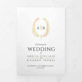 モノグラム　ホワイトゴールド　ブラック　ウェディング　食事オプション　RSVP 三つ折り招待状