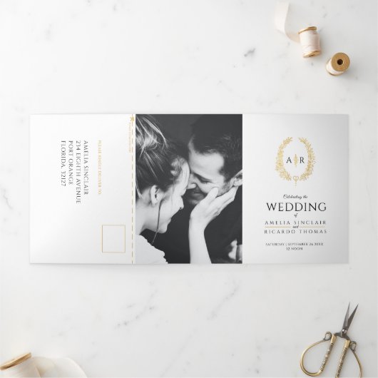 モノグラム　ホワイトゴールド　ブラック　結婚式　食事オプション　RSVP 三つ折り招待状 (外部)