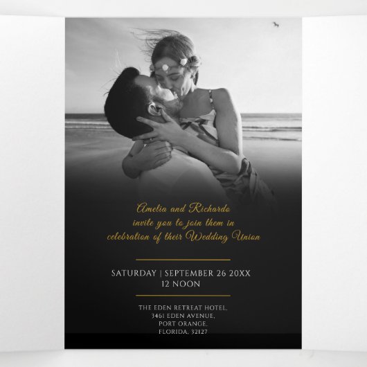 モノグラム ホワイトゴールド ブラック 結婚式 食事オプション RSVP 三つ折り招待状 (内部中)