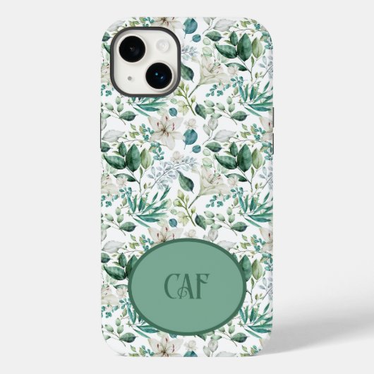 モノグラム ホワイトフラワー 花 グリーン ユーカリ Case-Mate iPhoneケース (裏面)