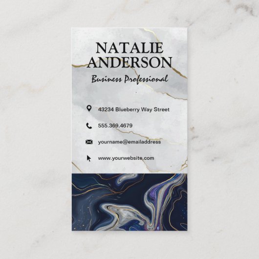 モノグラム |ホワイトブルーパープルストーン |金ゴールドフレーク 名刺 (裏面)