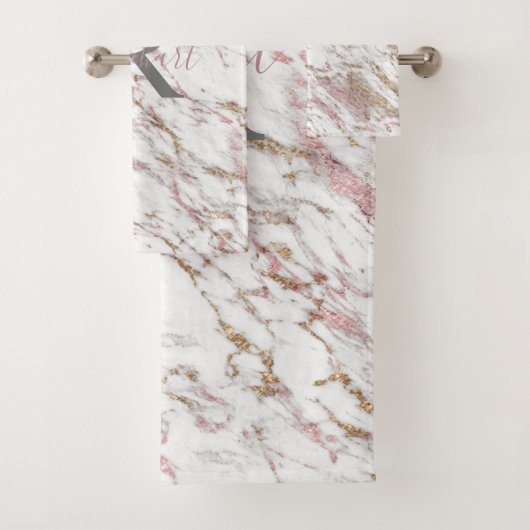 モノグラム ホワイト グレー ゴールド ピンク マーブル おしゃれ バスタオルセット (インサイチュ)