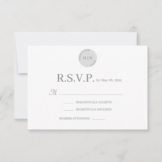 モノグラム ホワイト グレー モダン ミニマリスト 結婚式 RSVP 招待状 (正面)
