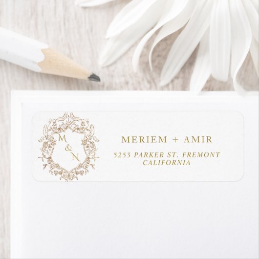 モノグラム ホワイト&ゴールド 結婚式 返信先住所 ラベル (インサイチュ)