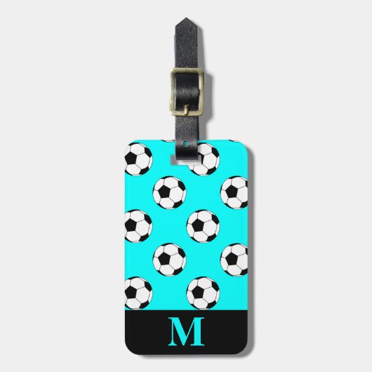 モノグラム ホワイト サッカー ボール、アクアブルー ラゲッジタグ (正面縦)