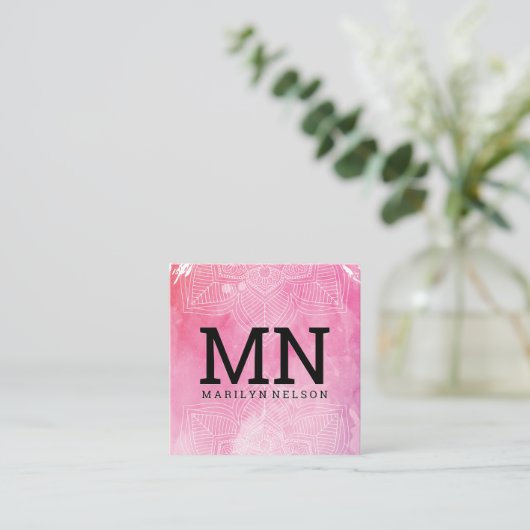 モノグラム |マンダラプリント水彩背景 スクエア名刺 (スタンド正面)