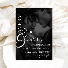 モノグラム ミニマリスト モダン ウェディング ブラック フォト 招待状