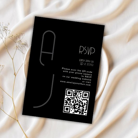 モノグラム ミニマル ウェディング QRコード ブラック RSVP 