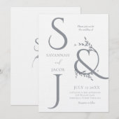 モノグラム ミニマル ホワイト＆シルバー モダン ウェディング 招待状 (正面/裏面)