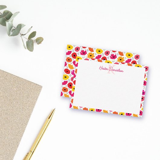 モノグラム モダン ポピー 花柄 スクリプト ネーム ノートカード