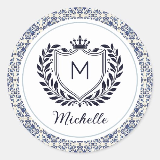 モノグラム モダン ポルトガル タイル アズーレジョス ブルー ラウンドシール (正面)