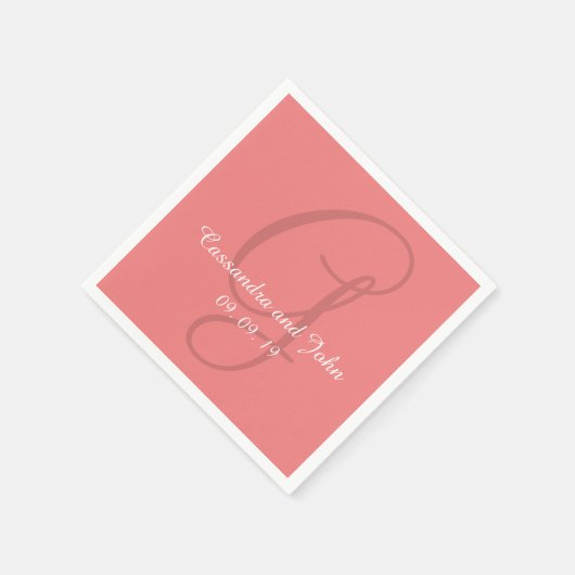 モノグラム ライトコーラル ウェディング ペーパーナプキン スタンダードカクテルナプキン (角)