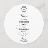 モノグラム ラウンド ウェディング メニュー カード ブラック アンド ホワイト (正面)