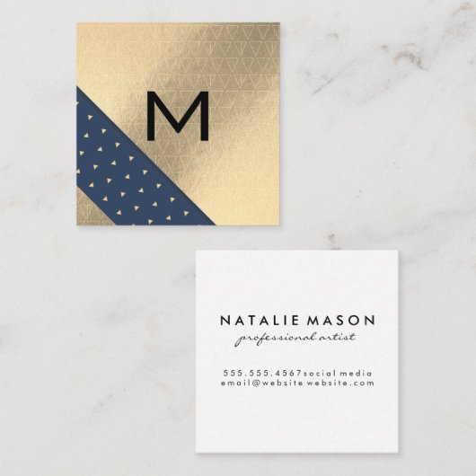 モノグラム |ルクス金ゴールドきらめく幾何学的 スクエア名刺 (正面/裏面)