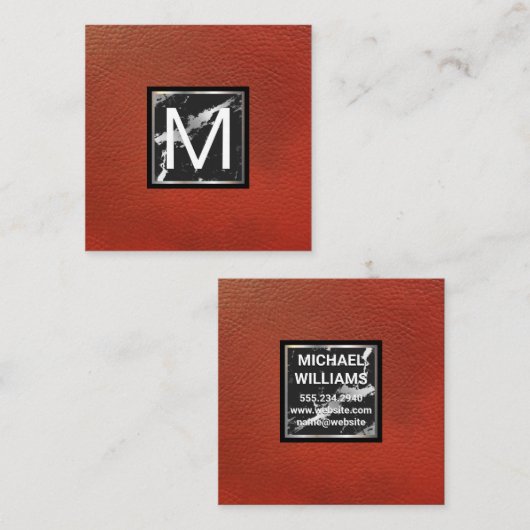 モノグラム |レッドレザー |大理石の金属トリム スクエア名刺 (正面/裏面)