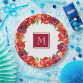 モノグラム レッド オレンジ ワインレッド フラワーパターン ペーパープレート (パーティー)